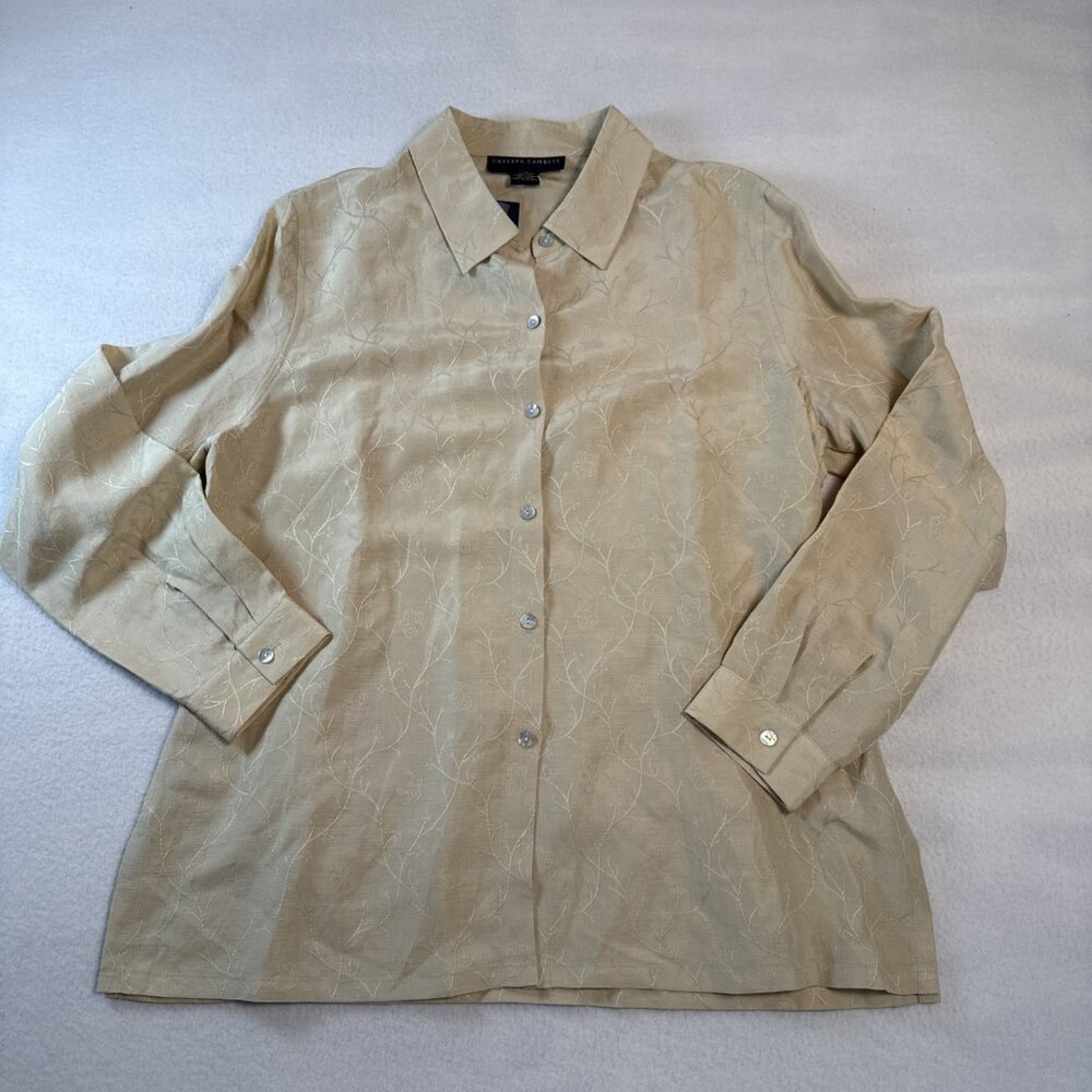 Chelsea Cambell Womens Button Up Shirt 12 Tan Embroidered Long‎ Sleeve Collared